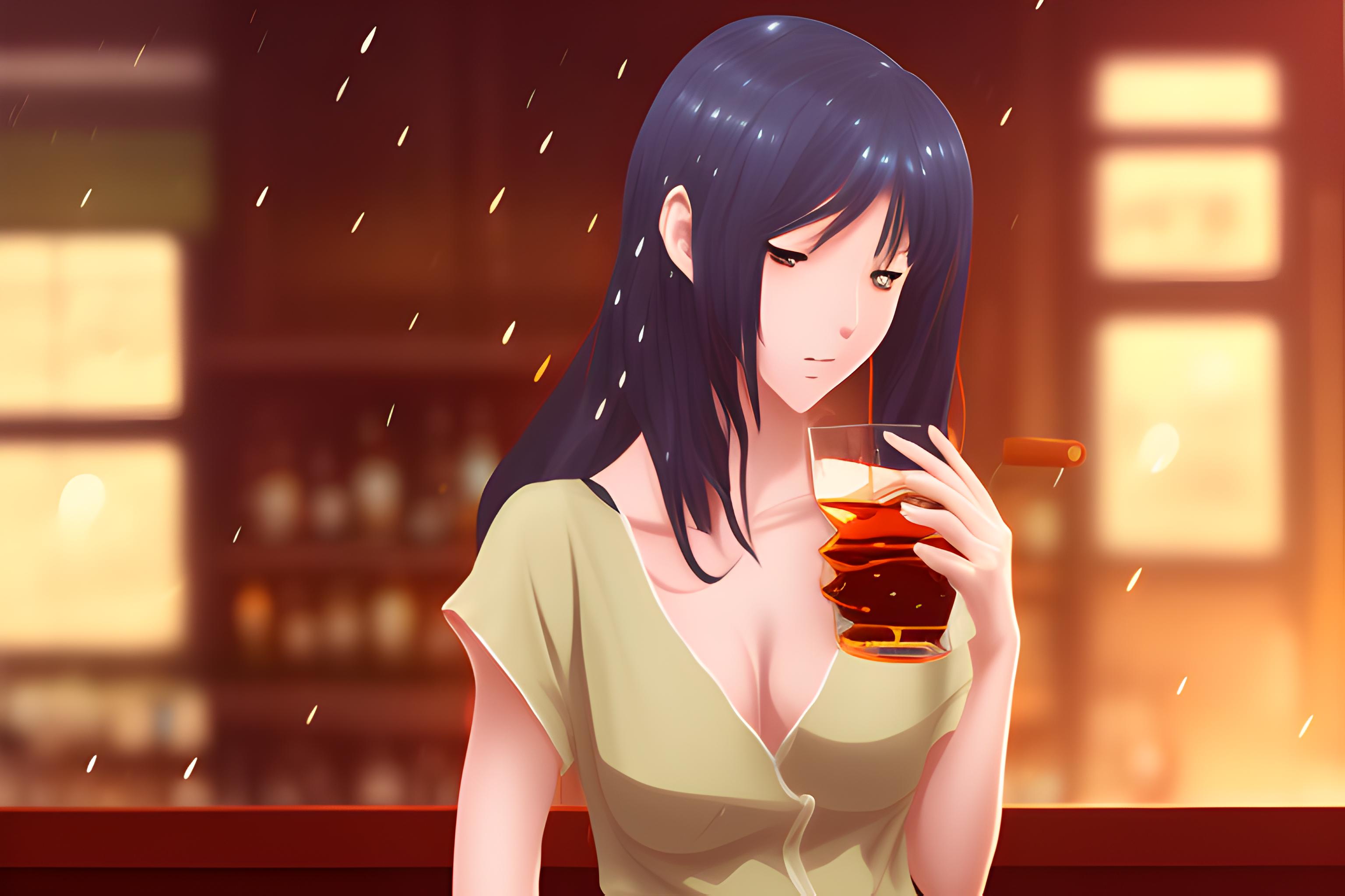 a anime girl drinking whisky into a bar in midle a rainy night |  Wallpapers.ai